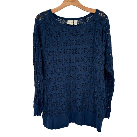 Chico's Tops - Chico's 3 Blue  Long Sleeve Pullover top shirt stretch knit lace Size XL